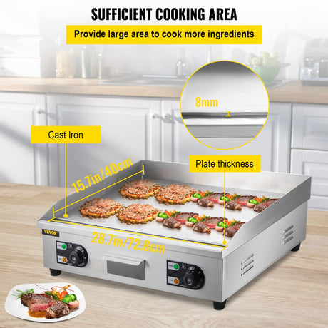 VEVOR 30" Commercial Electric Griddle 3000W Electric Countertop Griddle Non-Stick Restaurant 110V Teppanyaki Flat Top Grill Stainless Steel Adjustable Temperature Control 122°F-572°F (NO PLUG) VEVOR