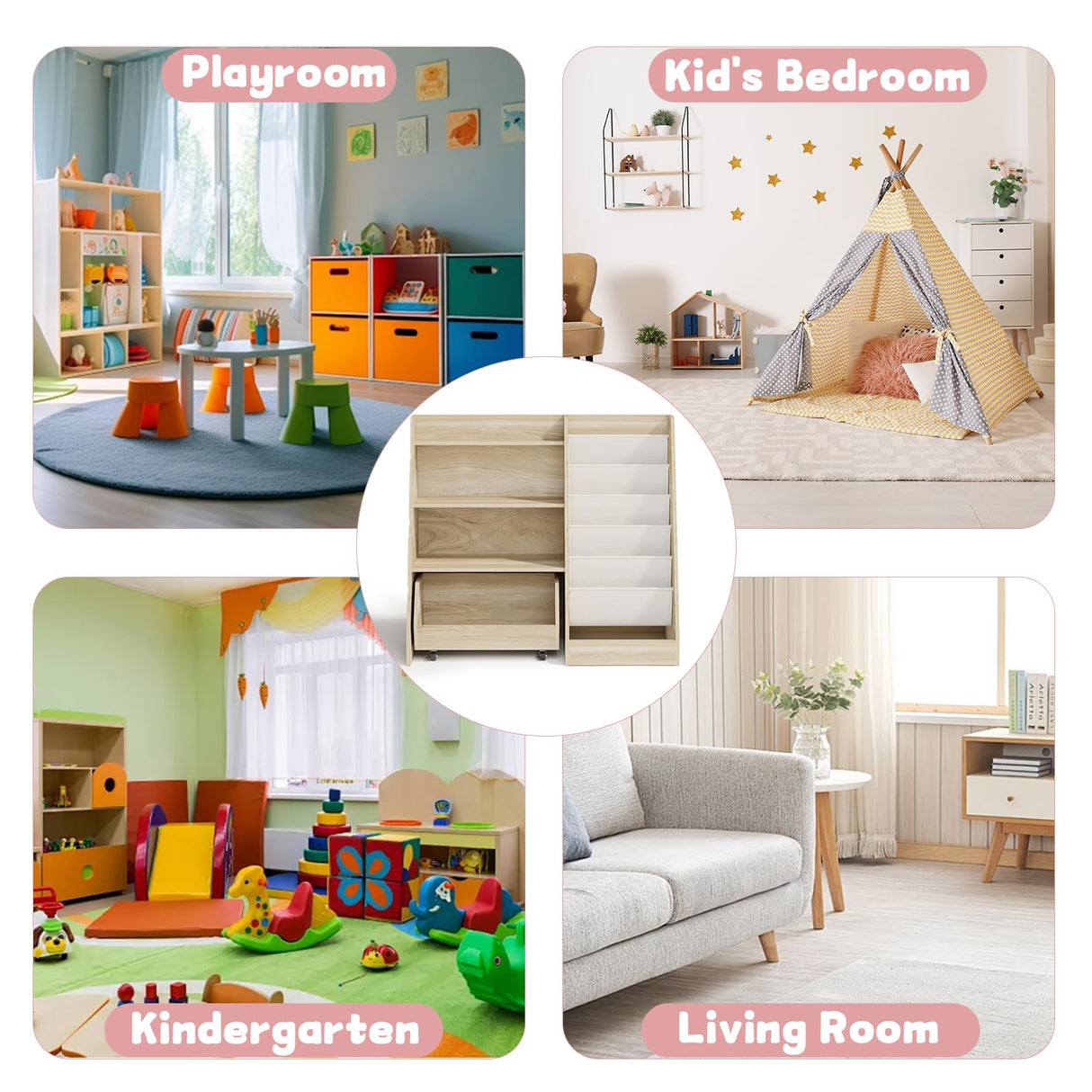 COZPAW Kids Bookshelf and Toy Storage, 4 Tier Toddler Bookshelf with Movable Drawer 5 Sling Pockets, Montessori Book Shelf for Kids Room, Playroom, Nursery (Oak) COZPAW