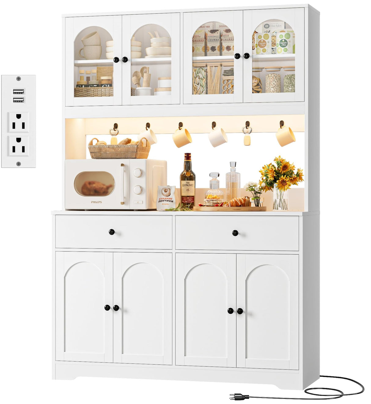 HIFIT 71" LED Kitchen Pantry Cabinet with Power Outlet, Large Kitchen Hutch Storage Cabinet with Arched Door & Shelves & 2 Drawers, Tall Modern Coffee Bar with Hutch for Home Dining Living Room, White HIFIT