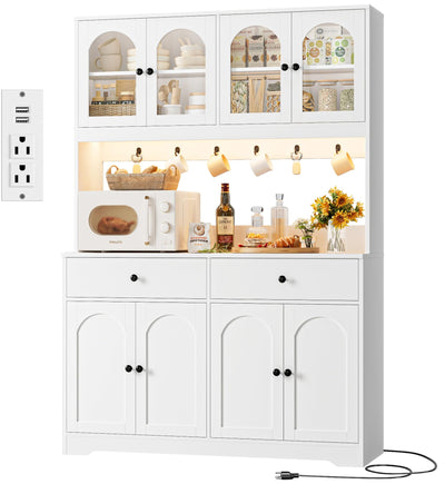 HIFIT 71" LED Kitchen Pantry Cabinet with Power Outlet, Large Kitchen Hutch Storage Cabinet with Arched Door & Shelves & 2 Drawers, Tall Modern Coffee Bar with Hutch for Home Dining Living Room, White