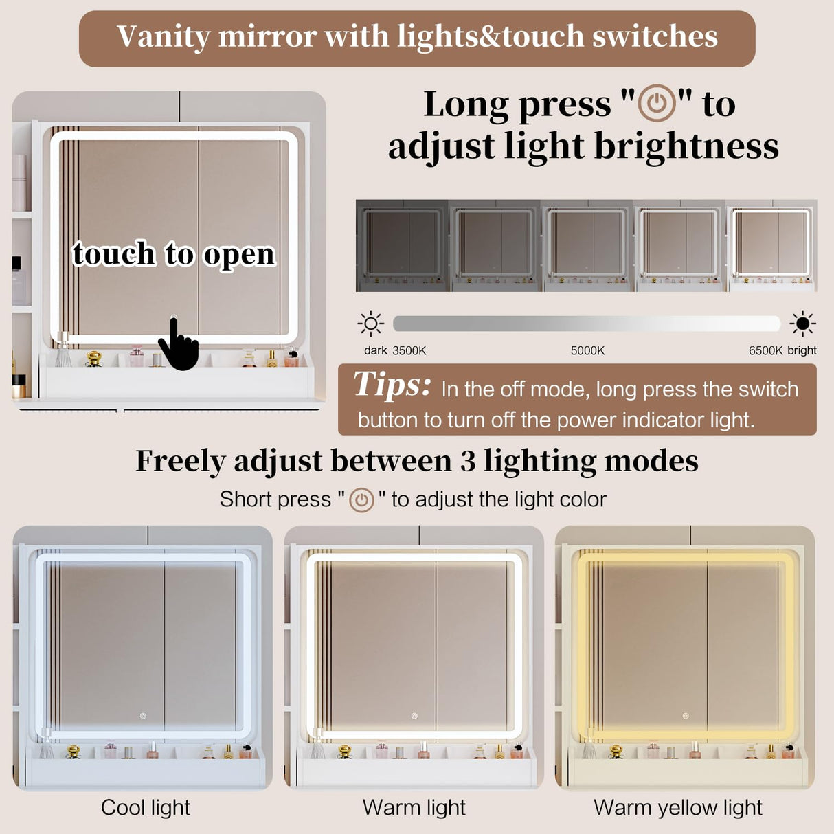 Large Vanity Desk with 3 Color Touch Screen Dimming Mirror, Vanity Desk with Charging Station, Modern Retractable Makeup Dressing Table, Vanity Table With storage shelves and 5 Sliding Drawers, White YYJ