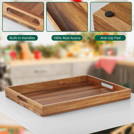 17 Inch Acacia Wood Serving Tray with Handles - Large Wooden Tray for Ottoman, Breakfast in Bed, Dinner, Coffee Table - Decorative Rectangular Tray for Living Room Bedroom Entryway and Kitchen Dreamkey