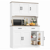 FACBOTALL Tall Kitchen Pantry Cabinet, Farmhouse Food Pantry Cabinet with Doors and Adjustable Shelves, Kitchen Hutch with Countertop and Microwave Stand for Dining Room, Living Room, White FACBOTALL
