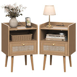 Night stand Set of 2, Bedside Tables with Charging Station, Rattan End Tables, Bed Side Tables, Wood Nightstands set of 2 for Farmhouse Kids' Room Bedroom Living Room Dorm Sofa Office Corner(Brown) MECHYIN