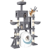 Homiflex Tall Cat Tree for Indoor Cats, 74" Multi-Level Cat Tower with Cat Condos, Plush Perches & Self-Cleaning Litter Box Base, Modern Cat Tree with Scratching Posts & Hammocks, Grey Homiflex
