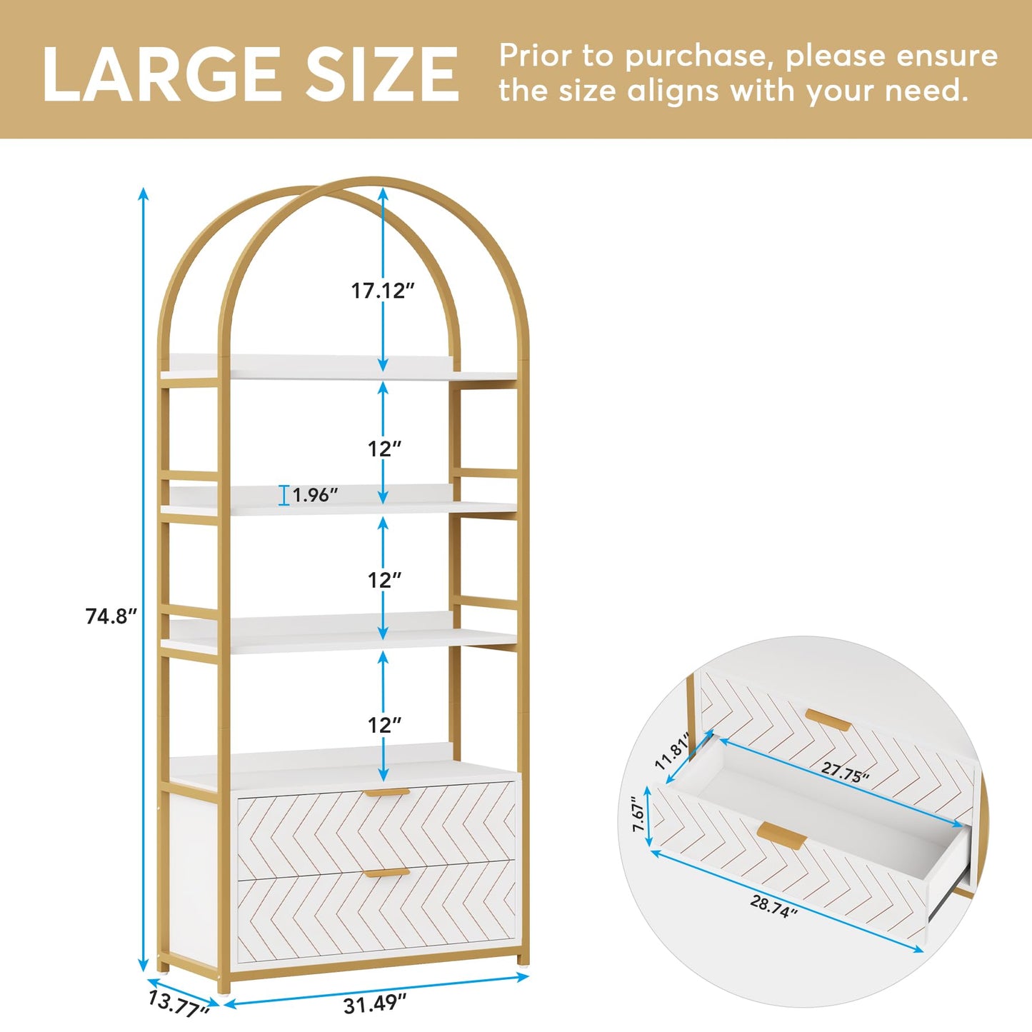 Tribesigns 4-Tier Tall Bookcase with Drawers – Stylish White & Gold Free-Standing Storage Shelf - WoodArtSupply