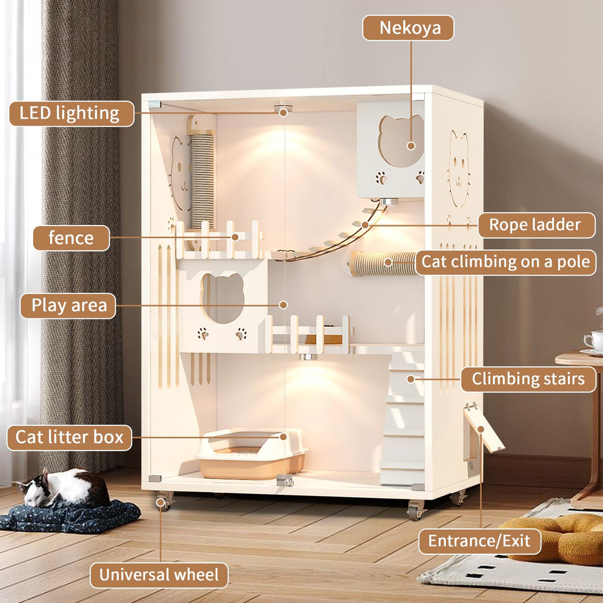Large Enclosed Cat Condo, Wooden Large Cat Villa, Indoor/Outdoor Cats Enclosure with Wheels, Multi-Feature Cat Houses for Indoor Cats Ventilation Glass Doors, 50" X 36" X 24" (White, 50" X 36" X 24") TMGSK