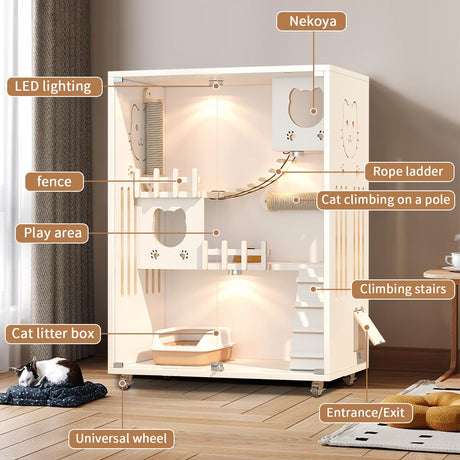 Large Enclosed Cat Condo, Wooden Large Cat Villa, Indoor/Outdoor Cats Enclosure with Wheels, Multi-Feature Cat Houses for Indoor Cats Ventilation Glass Doors, 50" X 36" X 24" (White, 50" X 36" X 24") TMGSK