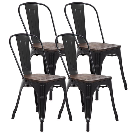 FDW Metal Dining Chairs Set of 4 Patio Chairs Furniture Indoor Outdoor Chairs Kitchen Metal Chairs Stackable Chair Tolix Side Bar Chairs Wooden Seat 18 Inch Seat Height Restaurant Chair,Black FDW