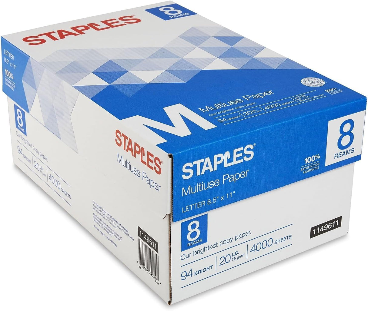 Staples Multiuse Copy Paper, 8 1/2" x 11" Letter Size, Fax Inkjet & Laser Printer Paper, 94 Brightness, White Color, 20 lb. Density (500 Sheets/Ream, 8 Reams/Carton) STAPLES