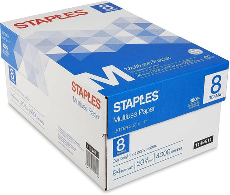 Staples Multiuse Copy Paper, 8 1/2" x 11" Letter Size, Fax Inkjet & Laser Printer Paper, 94 Brightness, White Color, 20 lb. Density (500 Sheets/Ream, 8 Reams/Carton) STAPLES