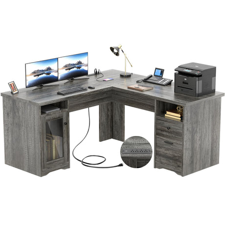 Unikito L Shaped Desk with Drawers, 60 Inch Corner Computer Desks with USB Charging Port and Power Outlet, Large 2 Person Home Office Table with File Cabinet, Black Oak Unikito
