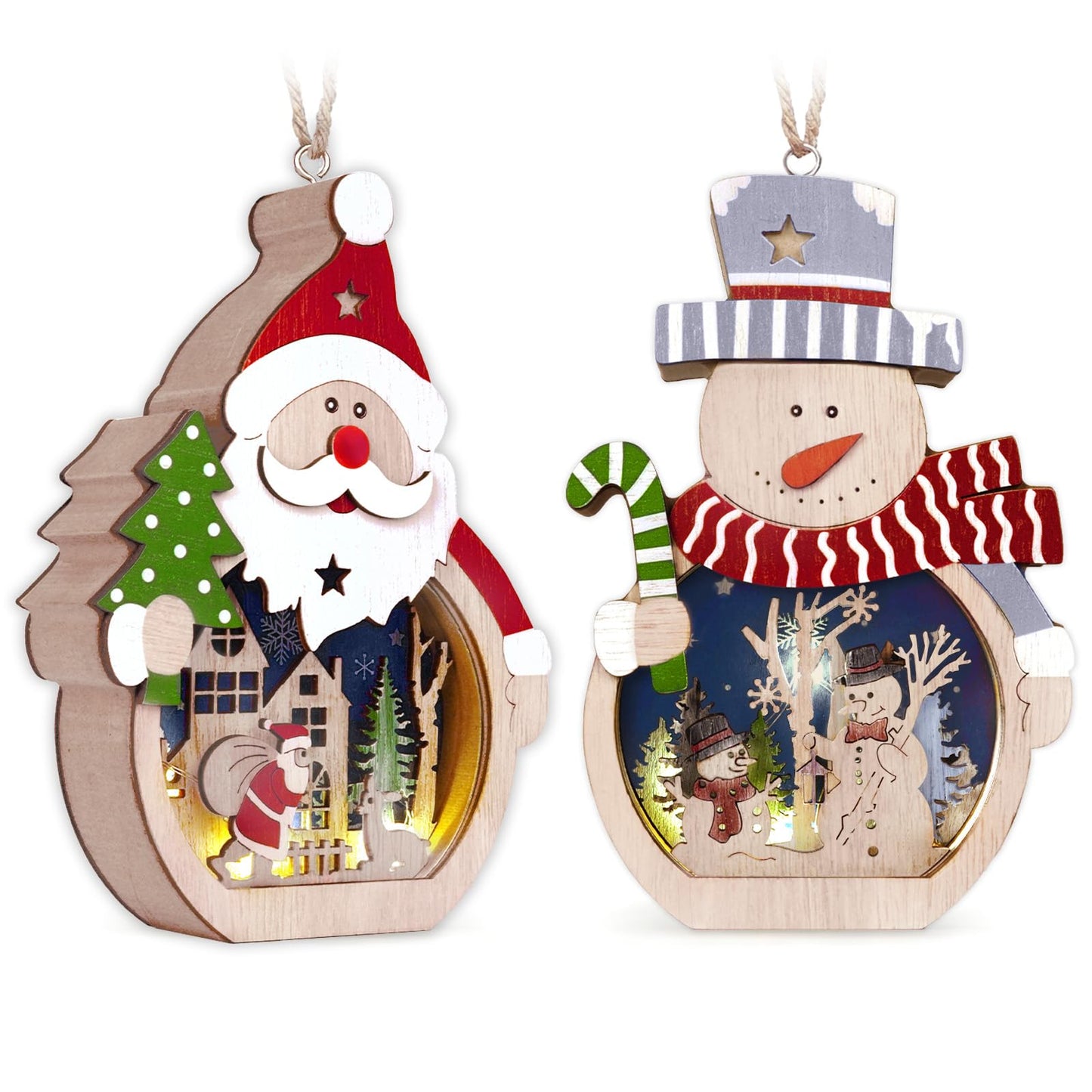 OurWarm 2 Pcs Wooden Christmas Ornaments, LED Luminous Wood Christmas Decor Snowman Santa Claus Christmas Tree Hanging Ornaments, Table Hotel Window Display, Crafts Gifts for Xmas Party Decor