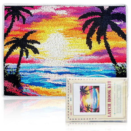 ORIGACH Sunset by The Beach Latch Hook Rug Kit for Adults Printed Rug Making Kit Handmade Carpet Tapestry Cover with Hook Latch and Preprinted Canvas, Home Arts Crafts Sofa Decor, 20.5x15inch ORIGACH