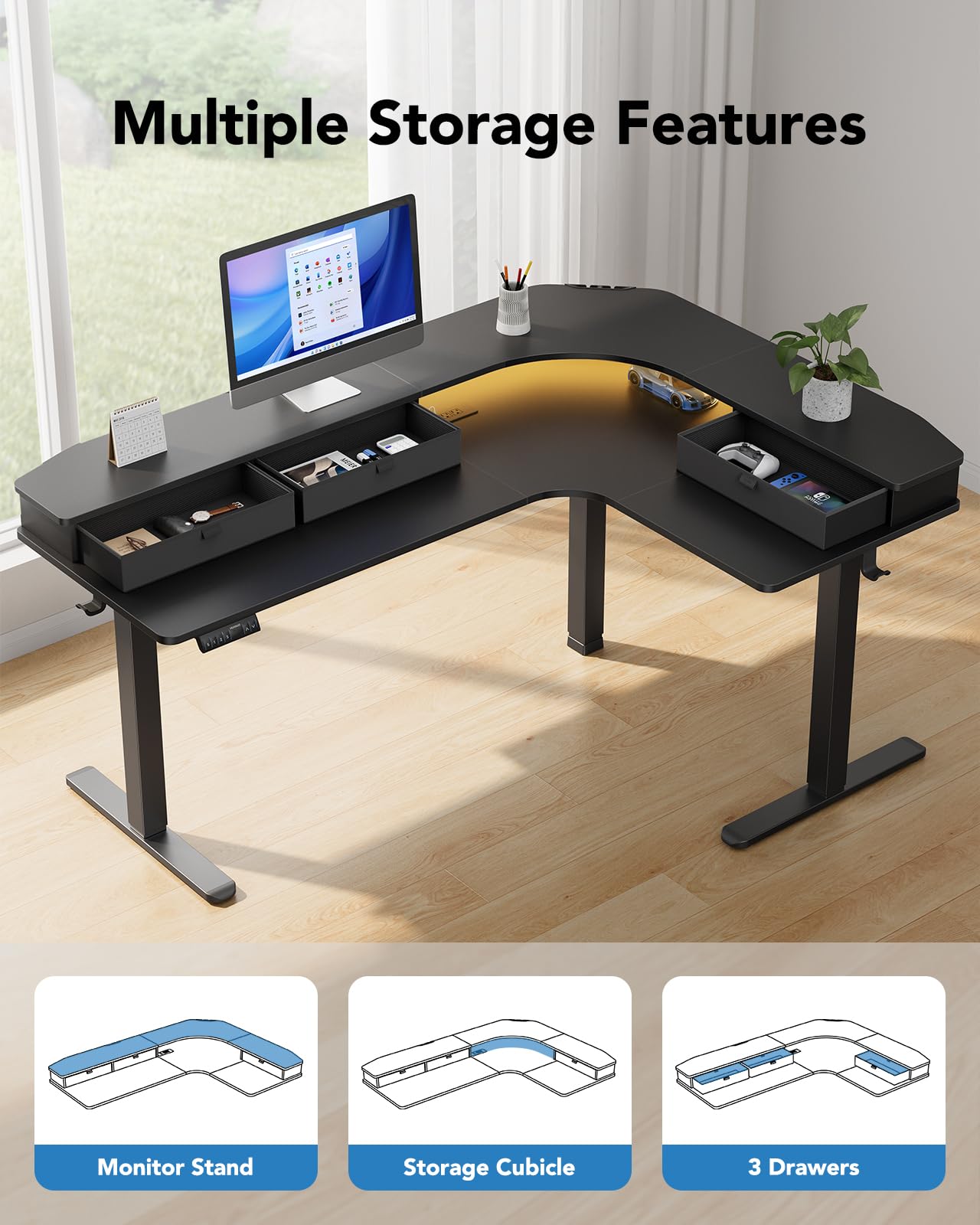 HUANUO 65″ L-Shaped Standing Desk with Power Outlets & LED Strip, Support C-Clamp Mount, Electric Height Adjustable Corner Computer Desk with 3 Drawers, Sit Stand Up Desk with Large Power Str - WoodArtSupply