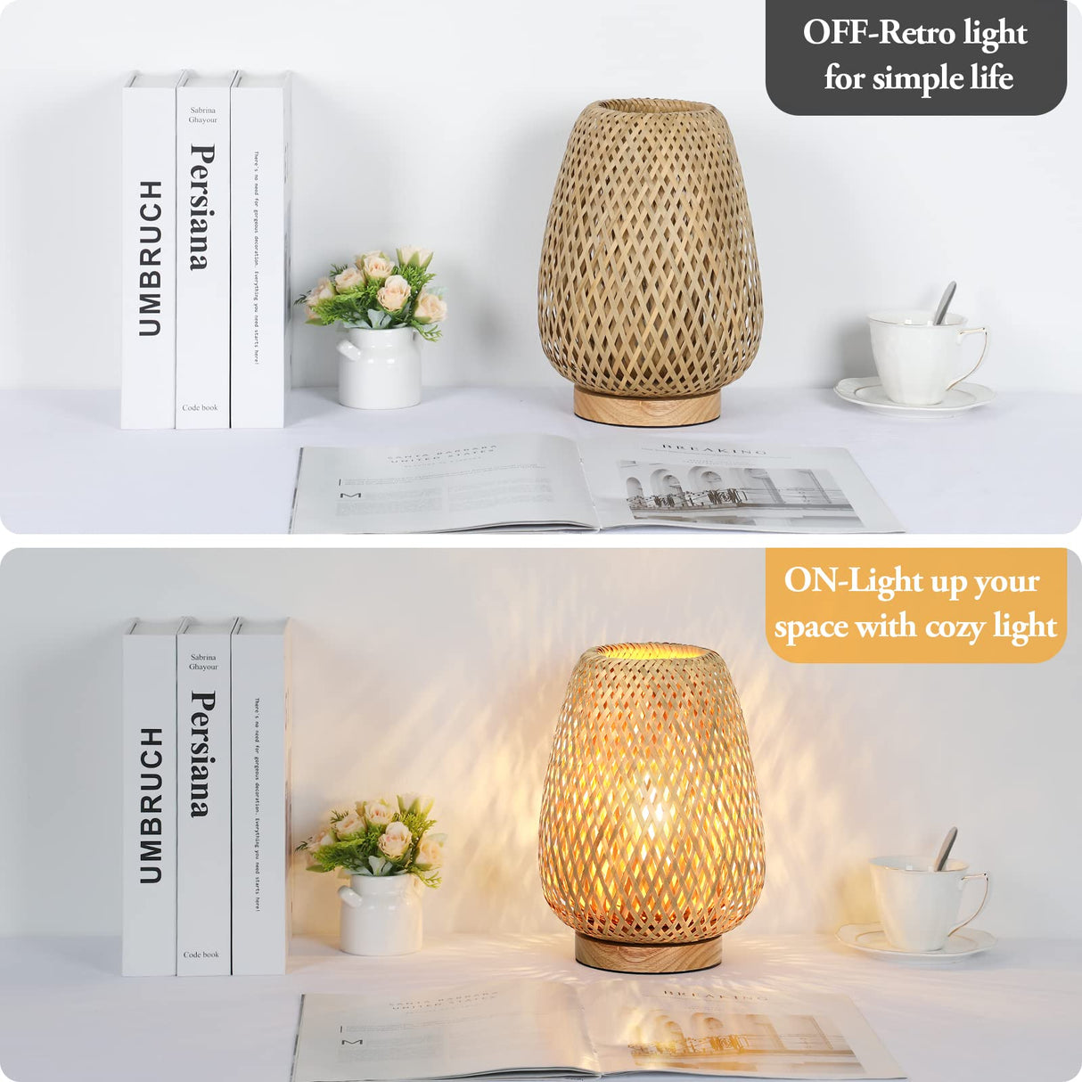 Rattan Table Lamp, Stepless Dimmable Small Beside Lamp, Vintage Wicker Wooden Nightstand Lamp, Boho Bamboo Woven End Table Lamp for Bedroom Living Room Desk Kids Room, 2700K T45 LED Bulb Included Brightever