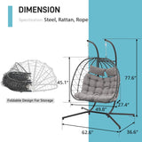 Patiorama 2 Person Double Egg Swing Chair with Stand Indoor Outdoor, Patio Wicker Rattan Hanging Egg Chair w/Cushion, Pillow, Foldable Hammock Chair 550lbs for Bedroom, Balcony, Garden (Light Grey) Patiorama