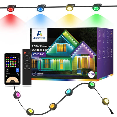 APPECK Permanent Outdoor Lights 100ft with 72 LEDs, DIY Scene Modes, Smart RGBW String Lights Waterproof, App/Remote Control for Christmas, Holidays, Alexa/Google Assistant Compatible, Black