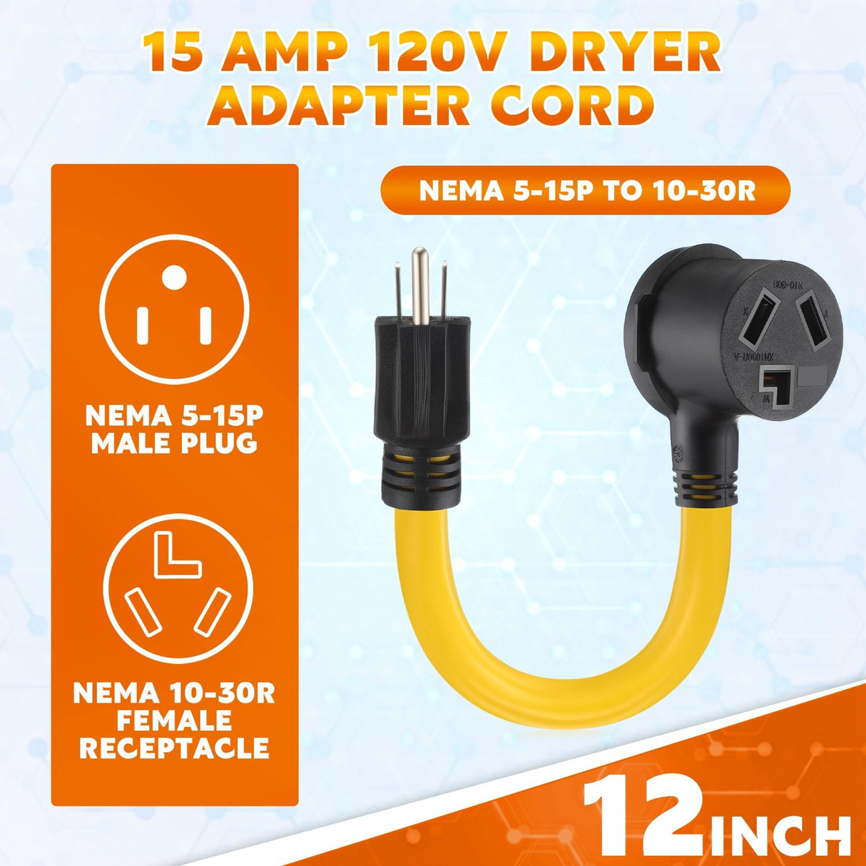 Kanayu NEMA 5-15P to 10-30R 15Amp Dryer Adapter Cord Compatible Female Power Adapter 15 Amp 3 Prong Female Receptacle ONLY for 120V Device EV Power Cord, 12Inch long Kanayu