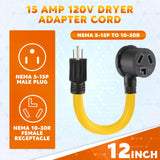 Kanayu NEMA 5-15P to 10-30R 15Amp Dryer Adapter Cord Compatible Female Power Adapter 15 Amp 3 Prong Female Receptacle ONLY for 120V Device EV Power Cord, 12Inch long Kanayu