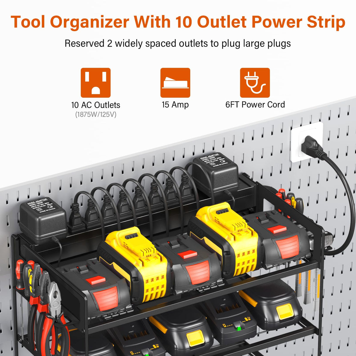 JUNNUJ Power Tool Organizer with 10 Outlet Power Strip, 3 Layer Wall Mount Drill Holder with Charging Station, 4 Drills Storage Shelf Shop Garage Utility Rack, Black JUNNUJ