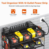 JUNNUJ Power Tool Organizer with 10 Outlet Power Strip, 3 Layer Wall Mount Drill Holder with Charging Station, 4 Drills Storage Shelf Shop Garage Utility Rack, Black JUNNUJ