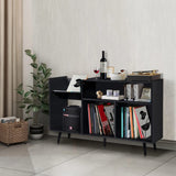 QHITTY Record Player Stand, Mid-Century Modern Vinyl Record Storage Cabinet Table with Wood Legs, Turntable Stand Record Holder Holds Up to 300 Albums for Living Room, Bedroom (Black) QHITTY