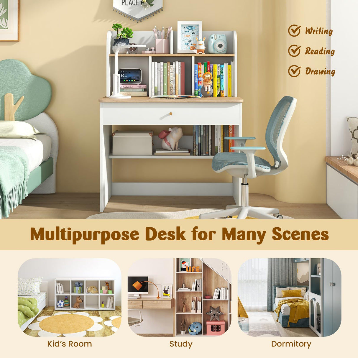HONEY JOY White Kids Desk, Wooden Children School Study Table with Hutch, Pull-Out Drawer, Storage Shelves, Student Writing Desk Computer Workstation for Bedroom, 3+ Years Old HONEY JOY
