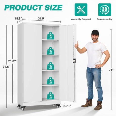 SISESOL Metal Storage Cabinet with Wheels,75 inch Rolling Garage Storage Cabinet with Lock,White Metal Cabinets with Wheels and Shelves,Tool Cabinets on Roller for Garage,Home,Office,Shop SISESOL