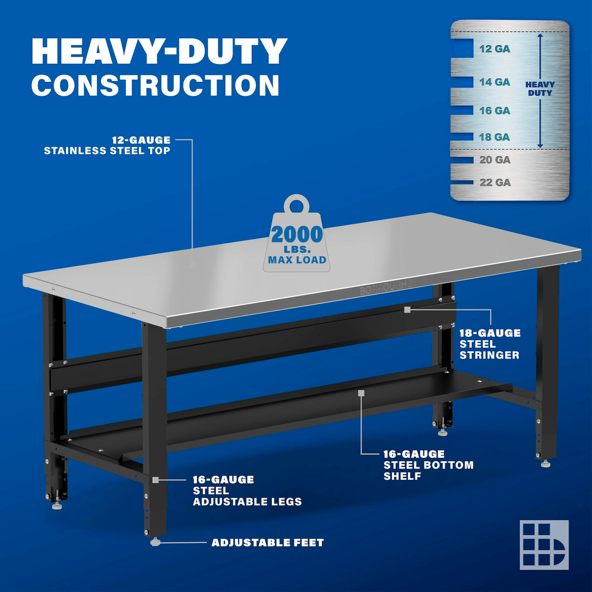 Borroughs 72" x 34" Adjustable Workbench, Stainless Steel Top, Heavy-Duty Workstation with Bottom Shelf, 2000 LB Capacity for Warehouse, Automotive, Garage, Education, Government, Office, Home Borroughs