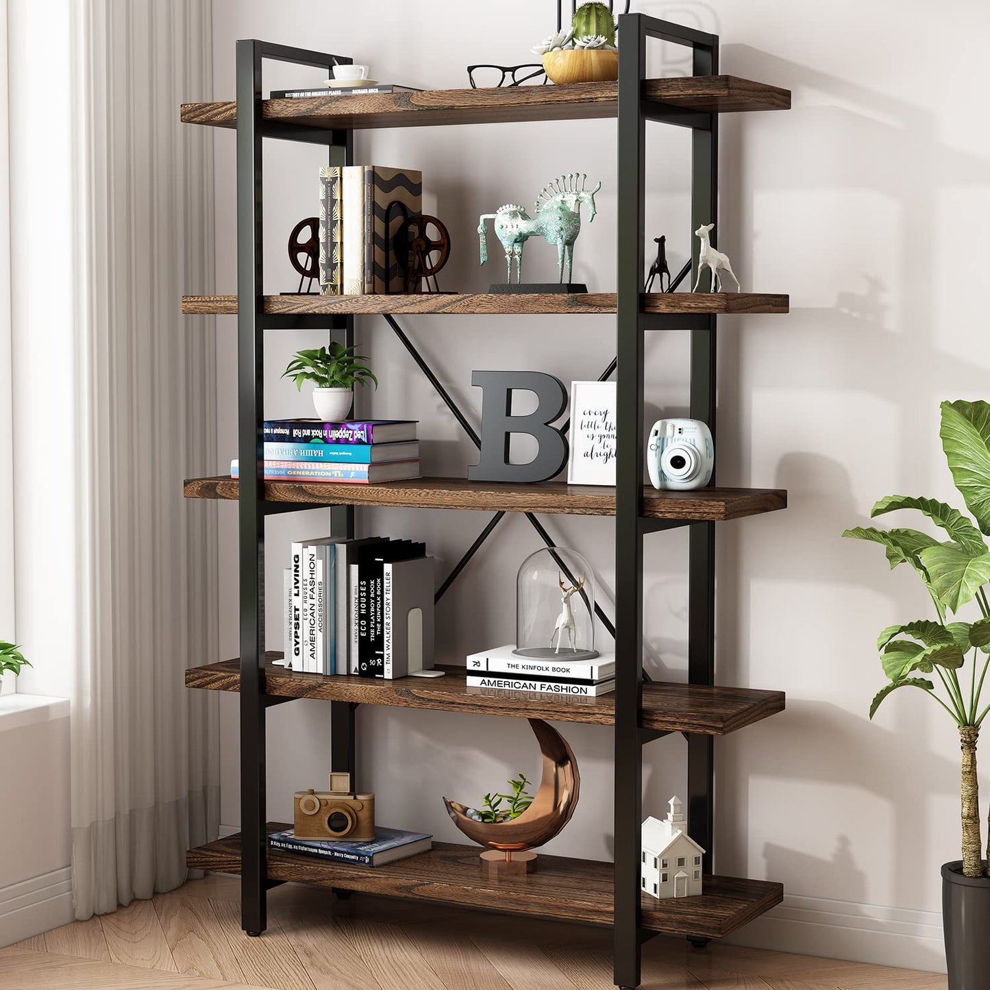 5-Tier Rustic Industrial Solid Wood Bookcase with Metal Frame - WoodArtSupply