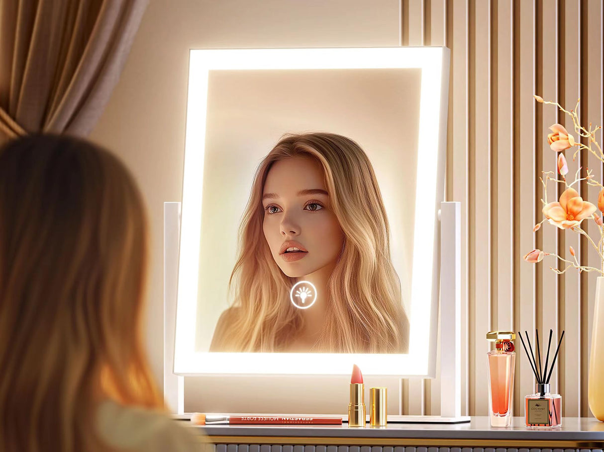 Gvnkvn 15.2" Lighted Makeup Mirror Hollywood Vanity Mirror with Lights, Three Color Modes,Detachable 10X Magnification Mirror, Smart Touch Control, 360°Rotation White Gvnkvn