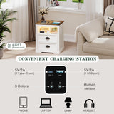 FONTOI Farmhouse Nightstand, End Table with Drawers, Nightstand with Charging Station, Bedside Table with 3 LED Lights Modes, Wood Nightstand with Smart Human Sensor for Bedroom, Brown & White FONTOI