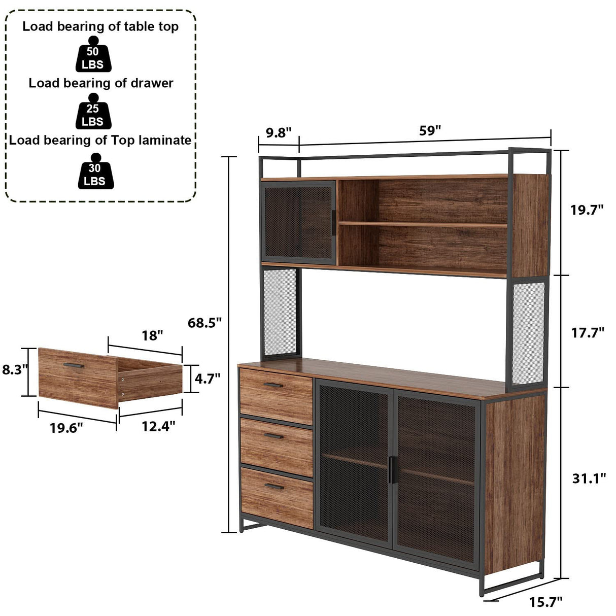 ECACAD Industrial-Style Brown Wood Sideboard Buffet with Hutch, Metal Mesh Doors, and Versatile Storage Solutions ECACAD