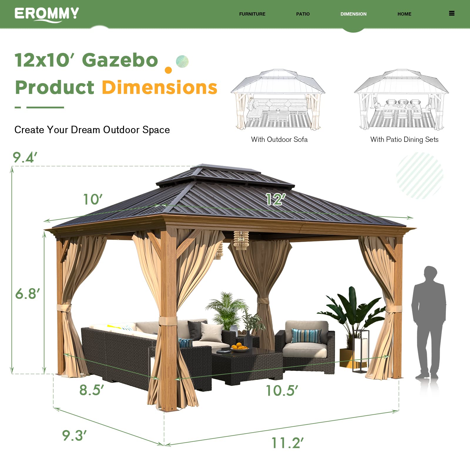 EROMMY 10' x 12' Gazebo, Wooden Finish Coated Aluminum Frame Canopy with Double Galvanized Steel Hardtop Roof, Outdoor Permanent Metal Pavilion with - WoodArtSupply