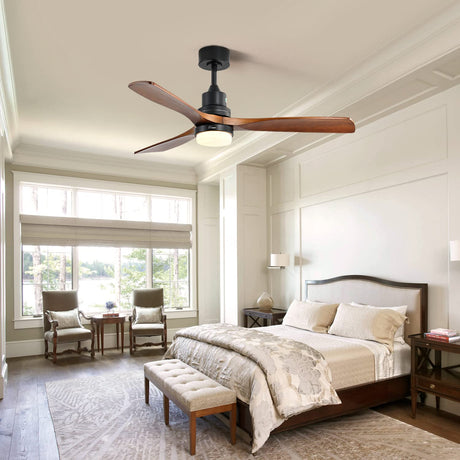 Sofucor 52 Inch Ceiling Fan With Lights Remote Control 3 Wood Fan Blade Ceiling Fans Noiseless DC Motor Solid Walnut and Matte Black For Farmhouse Modern Style Sofucor