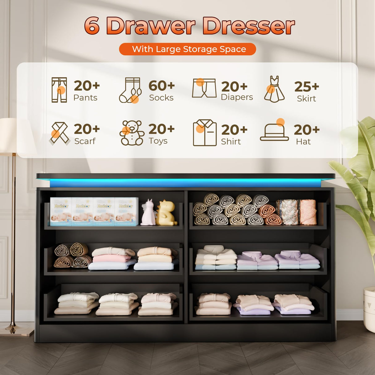 Gyfimoie 6 Drawer Black Dresser for Bedroom, 47.2" Long Chest of Drawers with Charging Station & LED Lights, Double Wooden Storage Cabinet for Closet,Modern Dresser TV Stand with Deep Drawers Gyfimoie