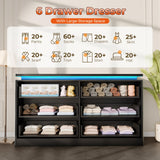 Upgraded 6 Drawer Black Dresser for Bedroom, 47.2" Long Chest of Drawers with Charging Station & LED Lights, Wooden Storage Cabinet Dresser for Closet,Modern TV Stand with Deep Drawers Loomie