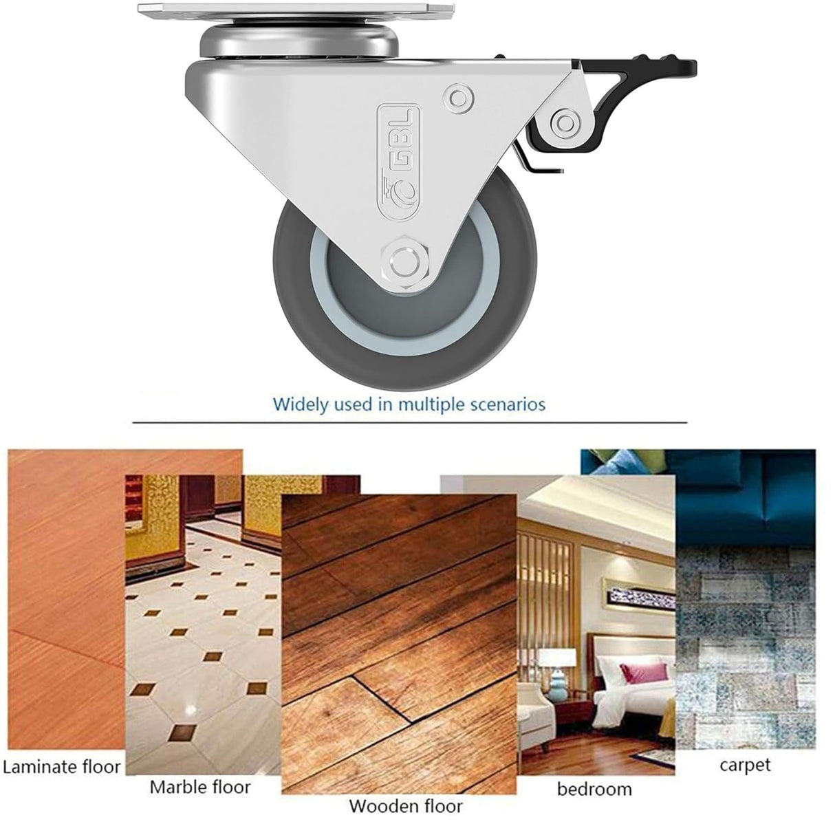 GBL 2 inch Casters Set of 4 Heavy Duty with 2 Locking Brakes + Screws - Up to 880Lbs - Swivel Caster Wheels - No Floor Marks Silent Plate Casters - Silver Castor GBL