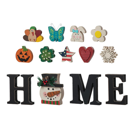 Glitzhome Interchangeable Home Table Signs with 13 Pcs Seasonal Icons, Wooden Changeable Home Sign for Holiday Decor, HOME Letter Sign Ornaments Set Interchangeable Holiday Decorative Shelf Blocks Glitzhome