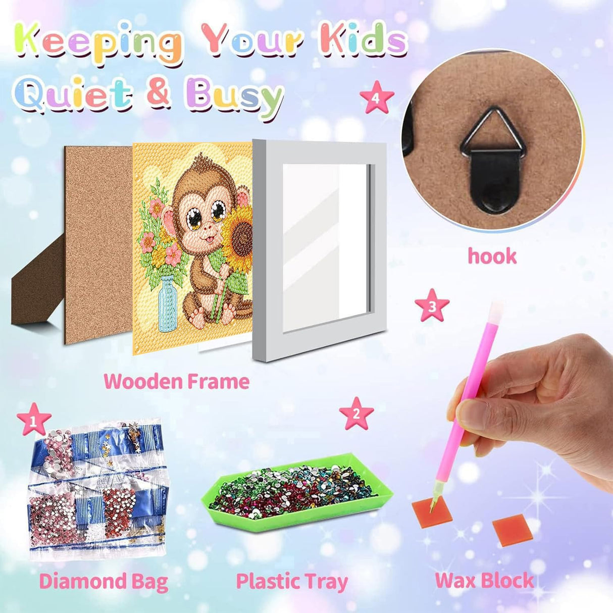 ajepon Monkey Diamond Art Kits for Kids with Frame, Animal Diamond Art for Kids Ages 8-12, Monkeys Diamond Painting Kits for Kid with Beautiful Package for Gift Home Wall Decor (7x7inch) ajepon