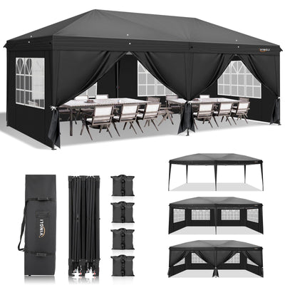 VINGLI 10x20 ft Pop Up Canopy Tent with 6 Sidewalls, Canopy 10x20 with Carry Bag, Outdoor Gazebo Canopy Tent Camping Tent, Patio Event Tent Outdoor Canopy Commercial Canopy(Black)