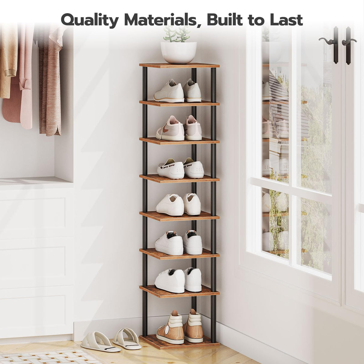 HOOBRO Vertical Shoe Rack, 8-Tier Narrow Shoe Shelf, Shoe Storage Organizer for Small Space, 11" L x 11" W x 53" H, Closet, Entryway, Hallway, Bedroom, Rustic Brown and Black BF22XJ01 HOOBRO