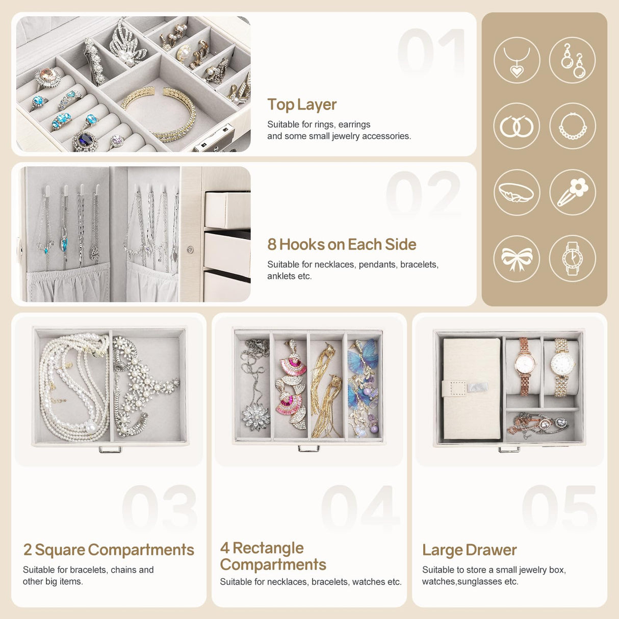 Homde Jewelry Box for Women Girls with Small Travel Case Mirror Necklace Ring Earrings Organizer White Wood Grain Homde