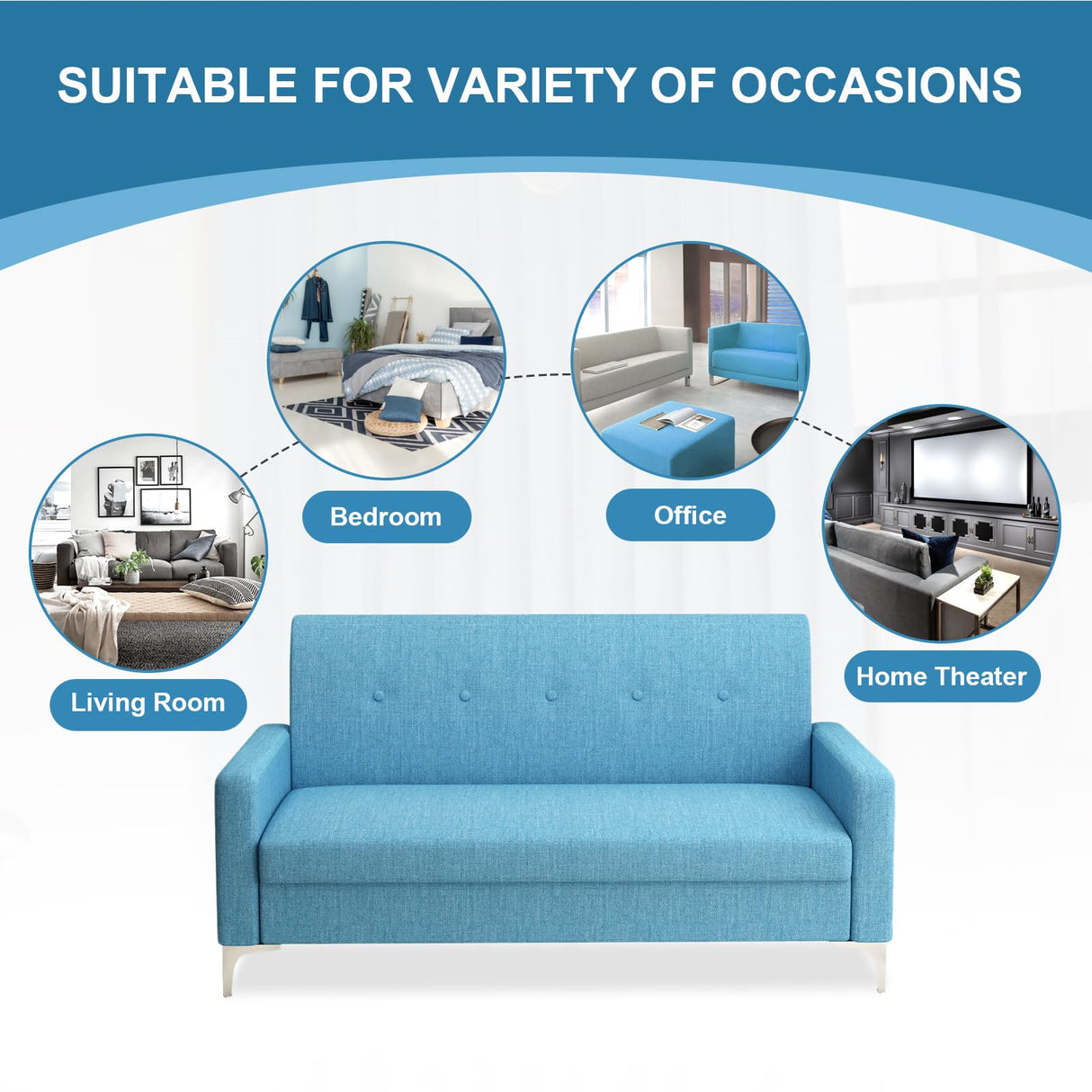 Loveseat Sofa Couch with Storage Seat, 57" Button Tufted Upholstered 2 Seat Sofa with Side Pockets, Modern Love Seat with Silver Metal Legs for Living Room, Bedroom, Office, Small Space (Blue) KINFFICT