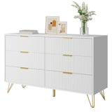 BAZELOR White 6 Drawer Dresser with Golden Handle, Fluted Wood Dressers, Modern Chest for Bedroom, Living Room, Hallway, Entryway BAZELOR