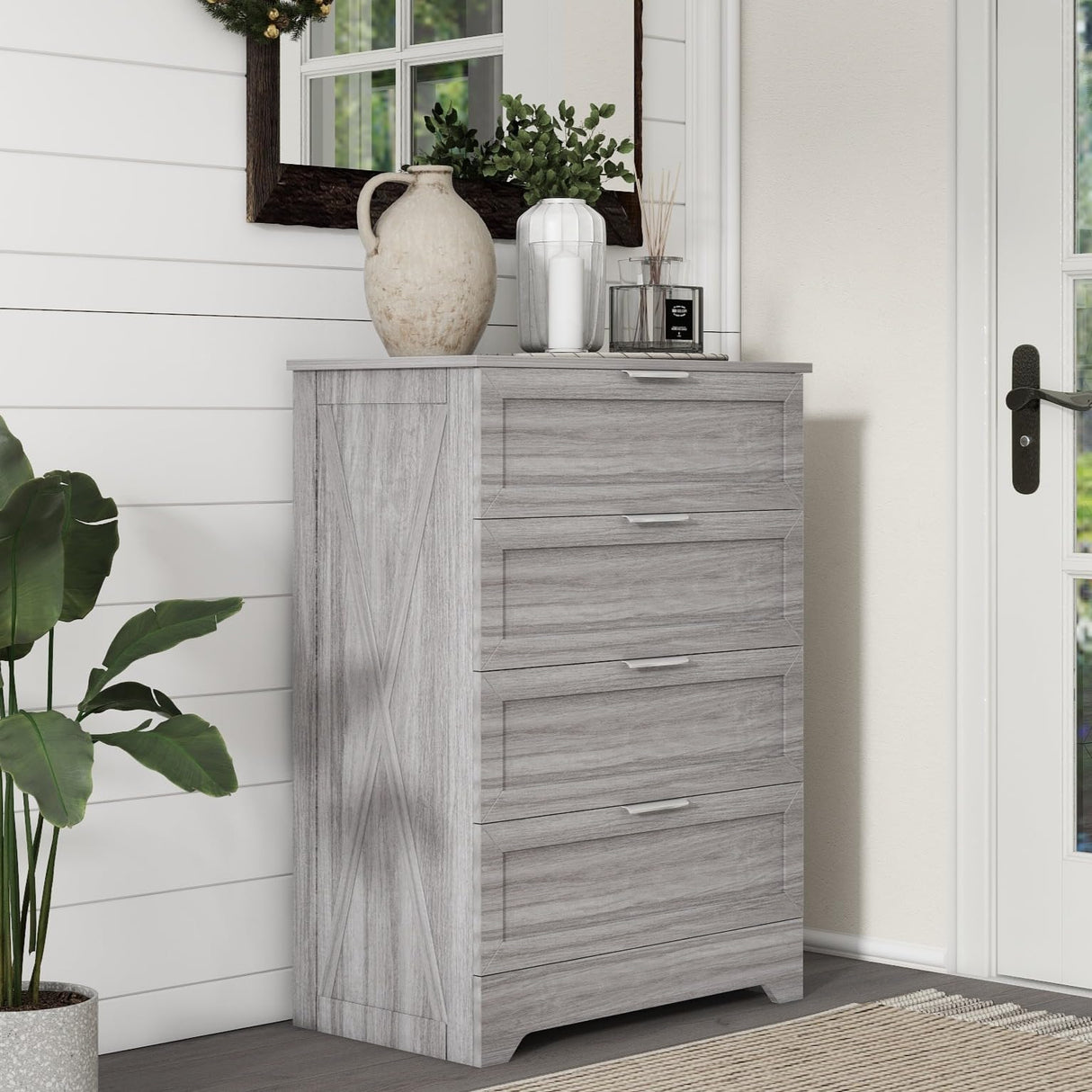 FTZxHKLX Farmhouse 4 Drawer Dresser for Bedroom, Tall Bedroom Dresser with Large Drawer & Silver Handles, Wooden Storage Organizer Cabinet Chest of Drawer for Closet, Living Room, Hallway, Wash Grey FTZxHKLX