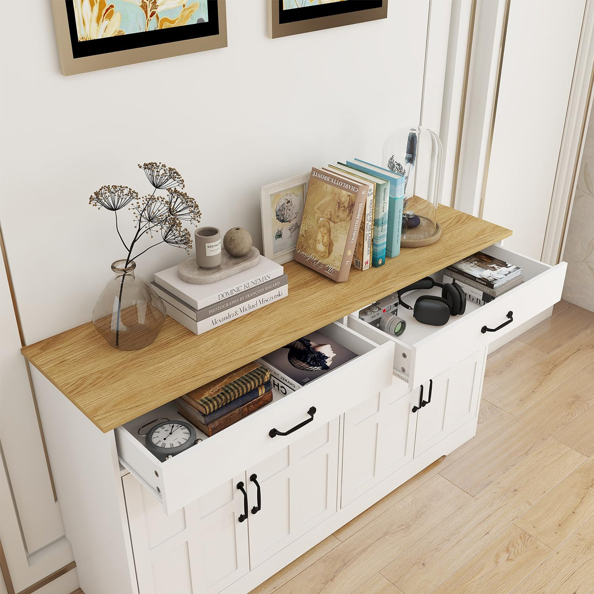 Sideboard Buffet Cabinet with Storage, 55" Large Kitchen Storage Cabinet with 2 Drawers and 4 Doors, Wood Coffee Bar Cabinet Buffet Table Console Cabinet for Kitchen Dining Room, White Locsear