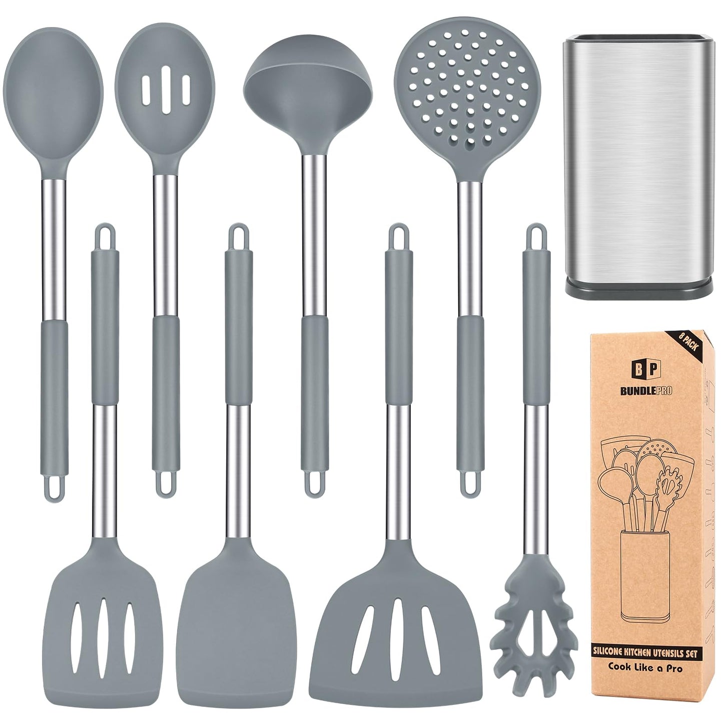 Silicone Cooking Utensil Set, 8Pcs Non-stick Cookware with Stainless Steel Handle, BPA Free Heat Resistant Kitchen Tools with Spatulas, Turnesr, Spoons, Skimer and Pasta Fork (GRAY)