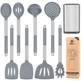 Silicone Cooking Utensil Set, 8Pcs Non-stick Cookware with Stainless Steel Handle, BPA Free Heat Resistant Kitchen Tools with Spatulas, Turnesr, Spoons, Skimer and Pasta Fork (GRAY) BUNDLEPRO